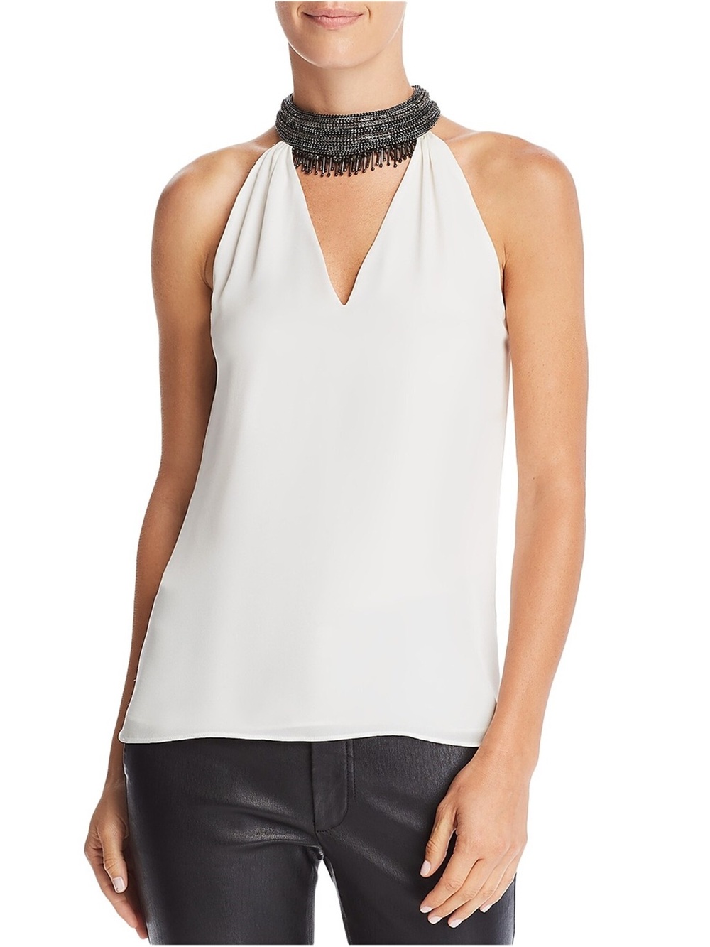 Ramy Brook Raelyn Beaded Halter V-Neck Sleeveless Silk Blouse